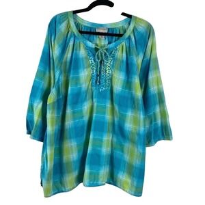 Catherines size 2X 22/24W Plaid Tunic Top Blue Green Tie Neck 3/4 Sleeve